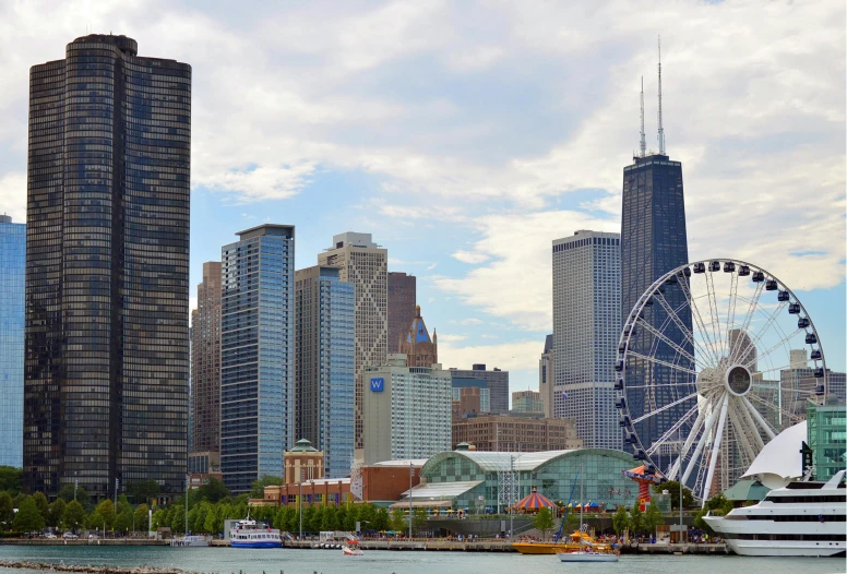 a city skyline with a ferris wheel in the foreground, chicago skyline, promo image, round format, college