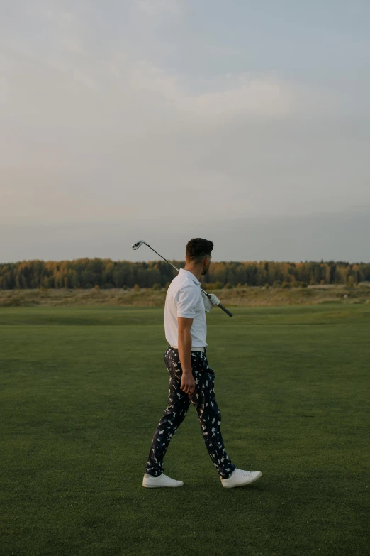 a man walking across a lush green field, an album cover, inspired by Sven Nordqvist, unsplash, renaissance, wearing golf shorts, russia, evening time, patterned