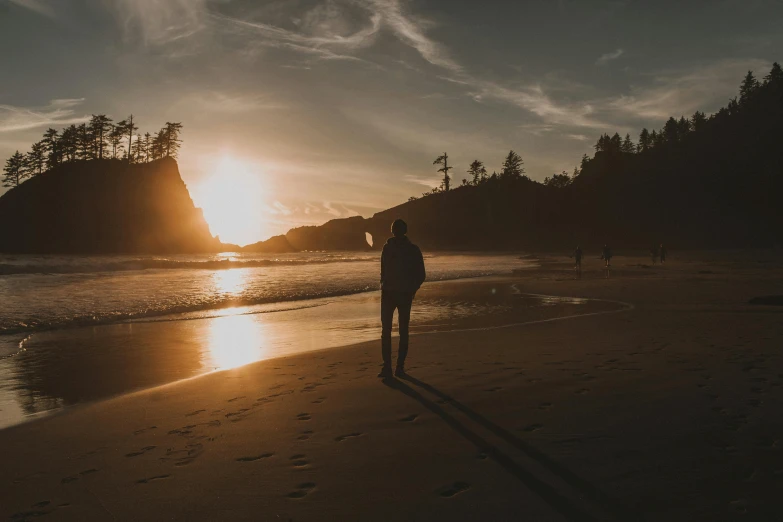 a person walking on a beach at sunset, pexels contest winner, pacific northwest coast, human staring blankly ahead, instagram post, ryan church