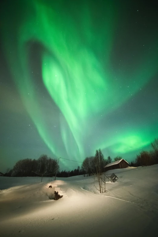 a green aurora bore over a snow covered field, by Sven Nordqvist, magical village, lightshow, fujifilm”