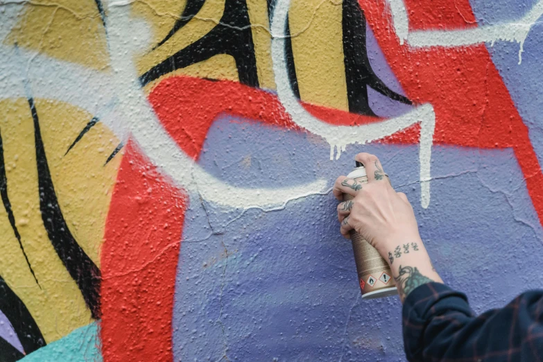 a person spray painting graffiti on a wall, can of paint, thumbnail, subtle detailing, metal with graffiti on the side