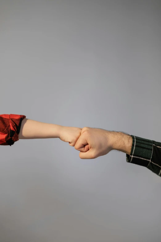 a close up of a person holding a person's hand, an album cover, pexels, fistfight, plain background, male and female, red and grey only