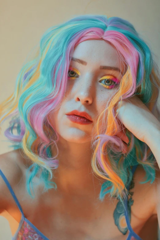 a woman with colorful hair posing for a picture, inspired by Elsa Bleda, trending on pexels, renaissance, photorealism pastel, candyland, amouranth, hyperealistic photo
