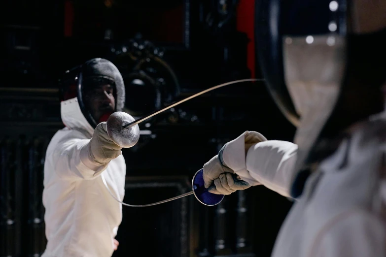 a couple of men standing next to each other on a field, holding an epee, punching, matt finish, thumbnail