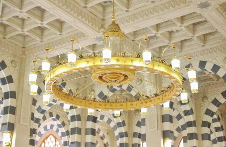 a large chandelier hanging from the ceiling of a building, by Sheikh Hamdullah, promo image, colonnade ornate headdress, round, indoor lighting