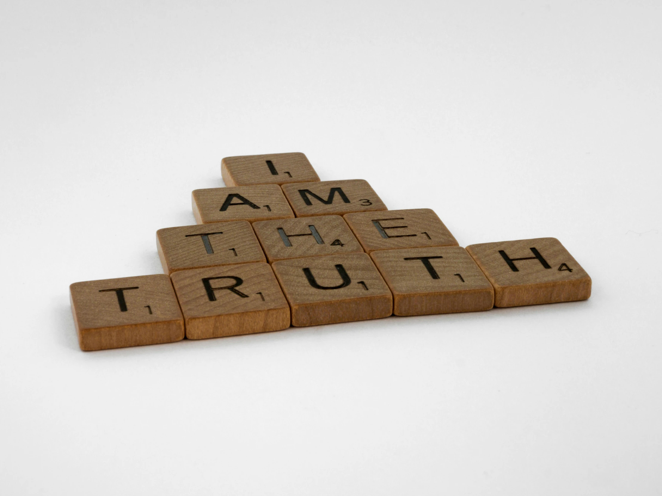 scrabbles spelling i am the truth on a white background, inspired by Ian Hamilton Finlay, unsplash, cs lewis, wood, truth