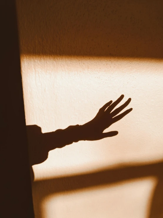 a shadow of a person's hand on a wall, trending on pexels, light and space, dramatic backlit window, raising an arm, promo image, multiple stories