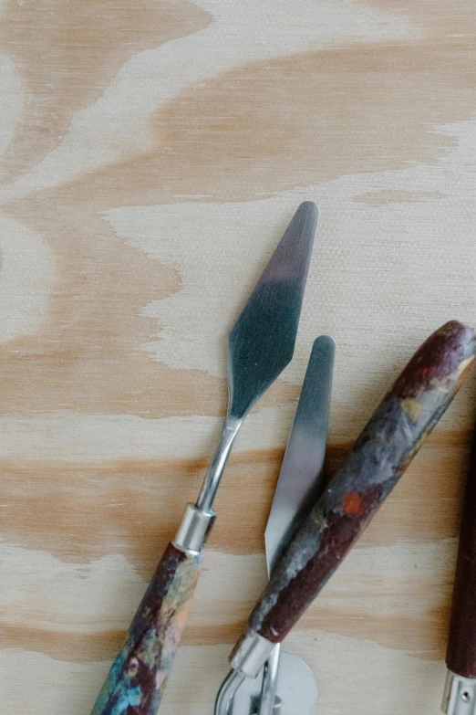 a couple of knives sitting on top of a wooden table, by Jessie Algie, process art, holding paintbrushes, brown, organic steel, ilustration