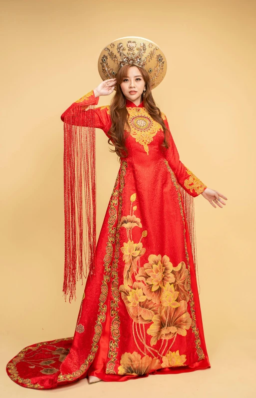 a woman wearing a red dress and a hat, an album cover, inspired by Jin Nong, ao dai, fullbody view, 15081959 21121991 01012000 4k, authentic costume
