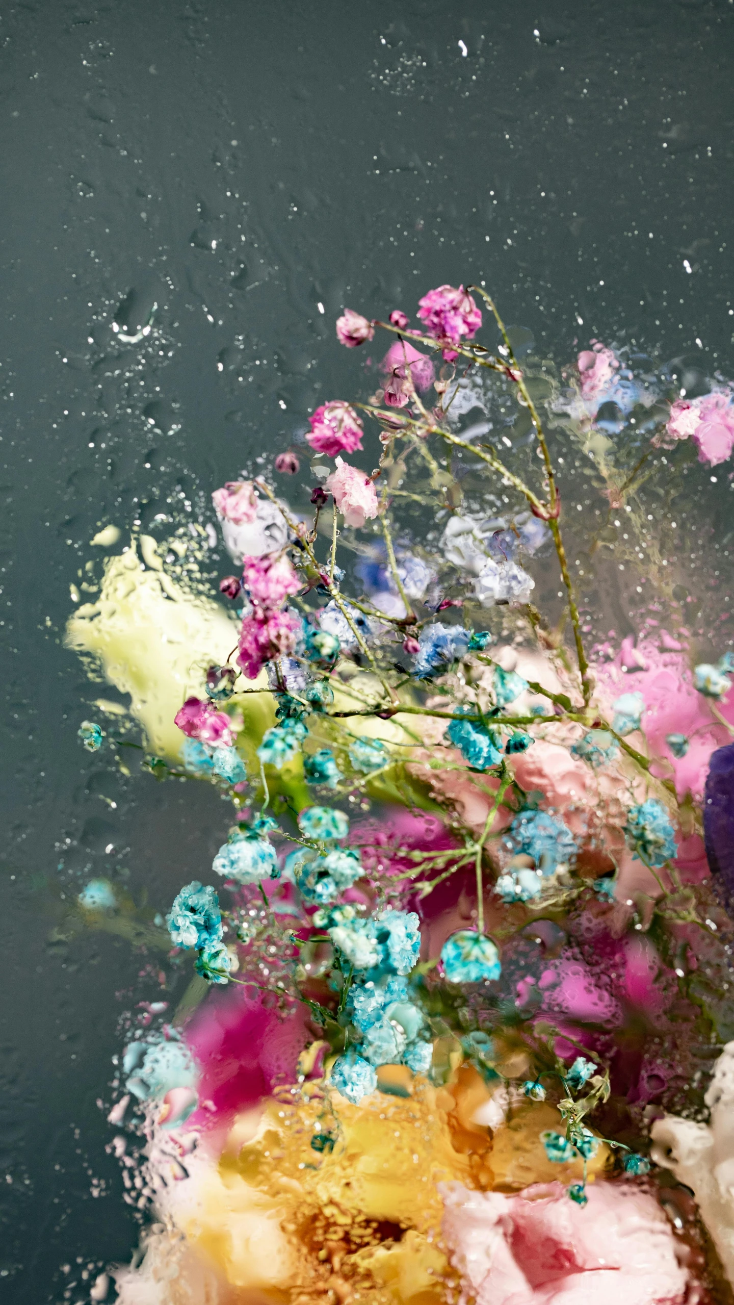 a teddy bear sitting next to a bouquet of flowers, inspired by Damien Hirst, unsplash, action painting, water splashing, detail shot, nadav kander, exploding powder