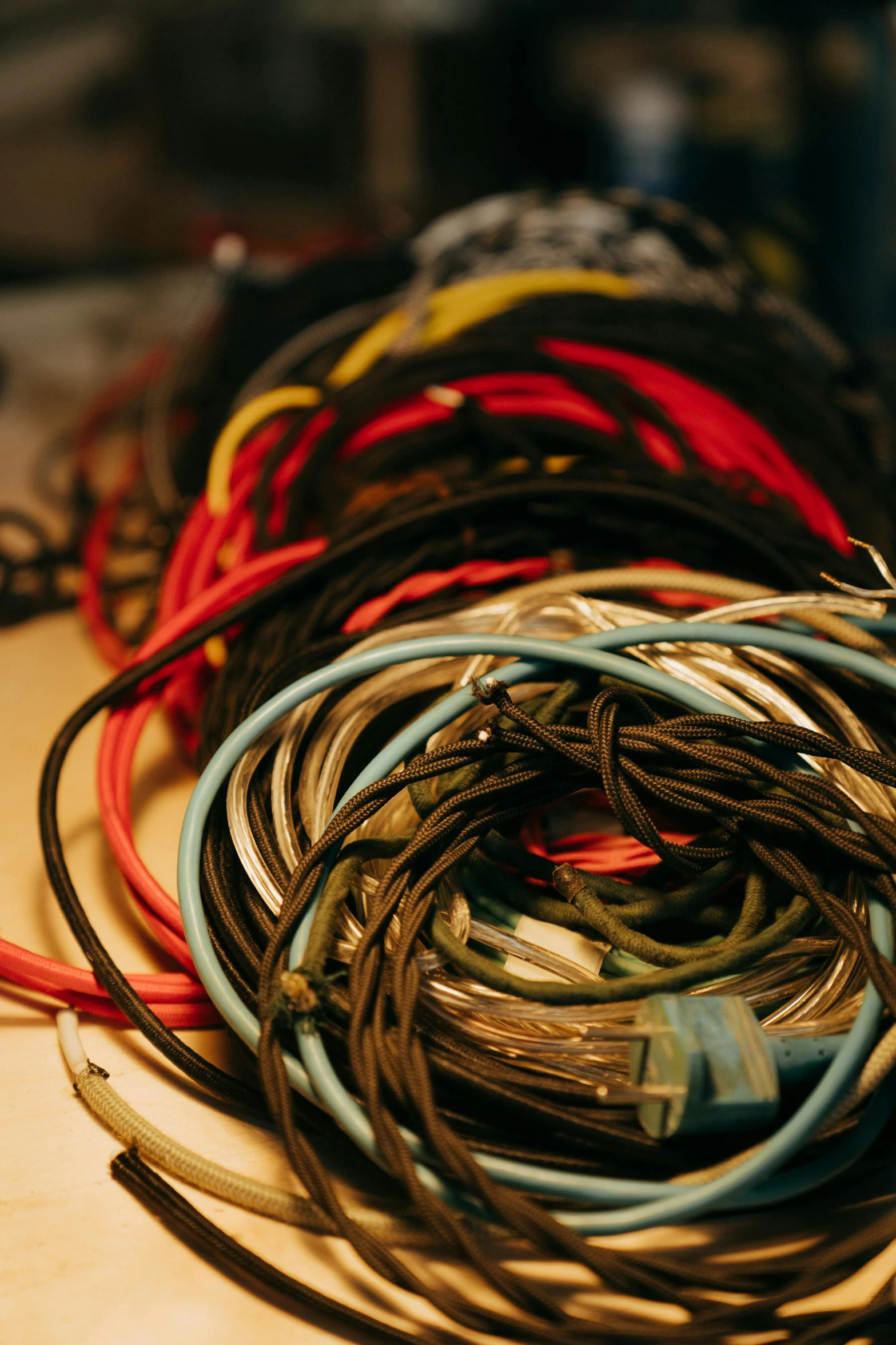 a bunch of wires sitting on top of a table, many belts, vintage colours, up-close, vinyl material