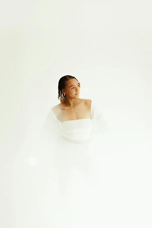 a woman in a white dress posing for a picture, an album cover, unsplash, happening, frank dillane, riyahd cassiem, high key lighting, bathing in light