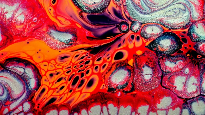 a close up of a painting of a butterfly, a microscopic photo, by Joe Bowler, psychedelic art, red liquid, acrylic paint pour, abstract claymation, some purple and orange