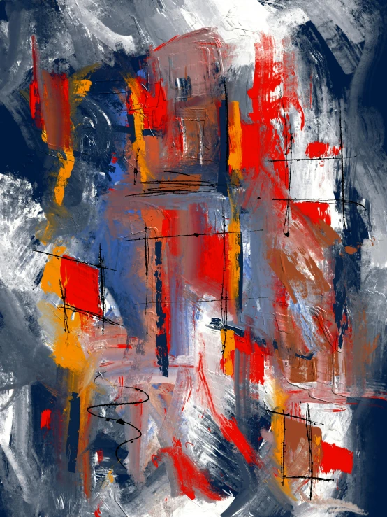 an abstract painting on a blue background, inspired by Richter, pexels contest winner, dark blue and red, gray and orange colours, digital painting - n 5, abstract blocks