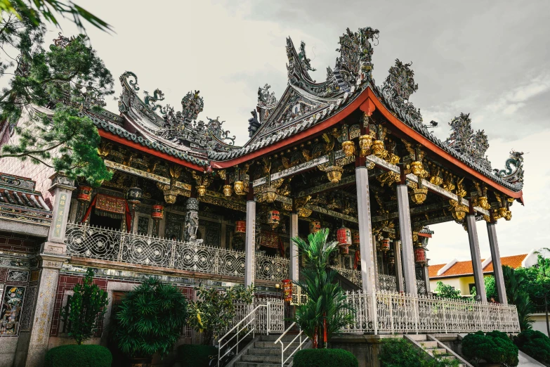 a pagoda in the middle of a park, inspired by Wang Yi, pexels contest winner, sumatraism, intricate embroidery, roof with vegetation, grey, guanyin