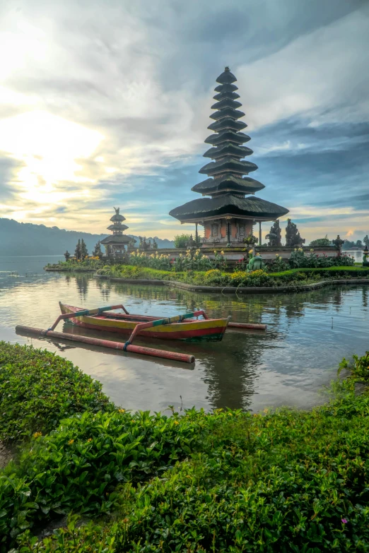 a boat sitting on top of a body of water, inspired by Evgeny Lushpin, pexels contest winner, sumatraism, square, temple, stacked image, in 4k