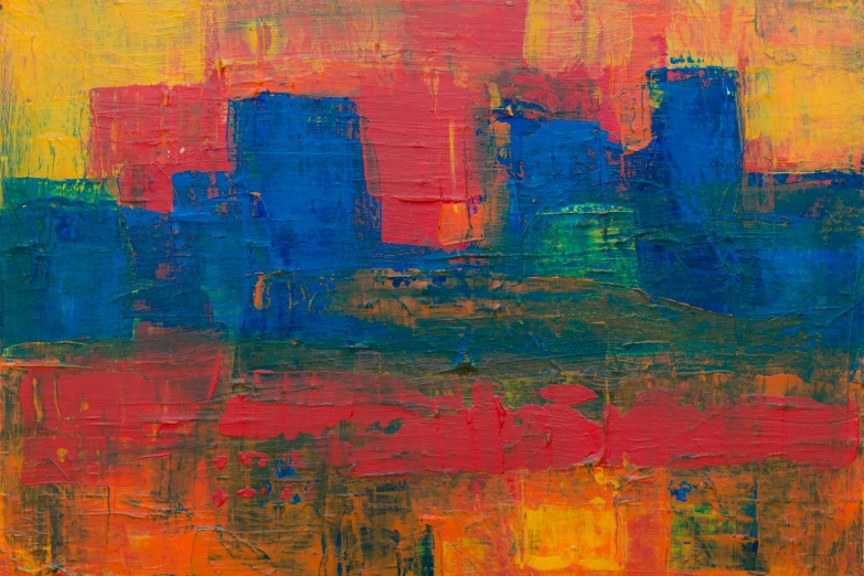 a painting with a city skyline in the background, inspired by Attila Meszlenyi, pexels contest winner, abstract expressionism, red yellow blue, 144x144 canvas, early evening, green blue red colors