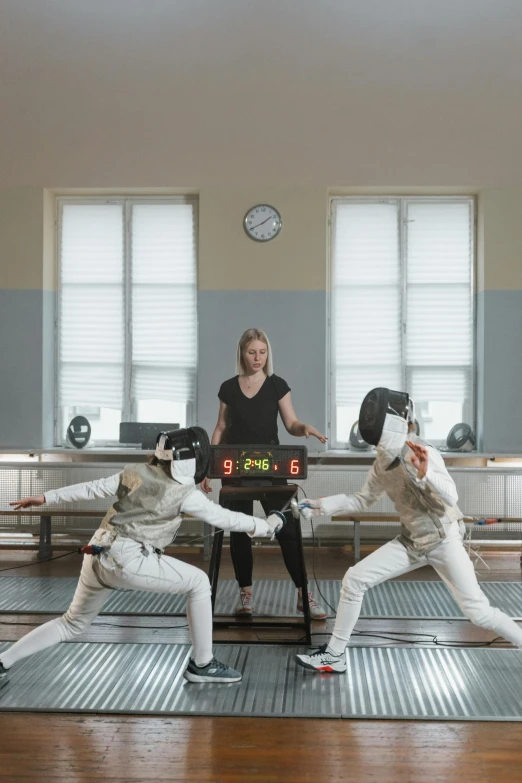 a group of people that are standing in a room, inspired by Oskar Schlemmer, pexels contest winner, kinetic art, fencing, still from a live action movie, sweden, promotional image