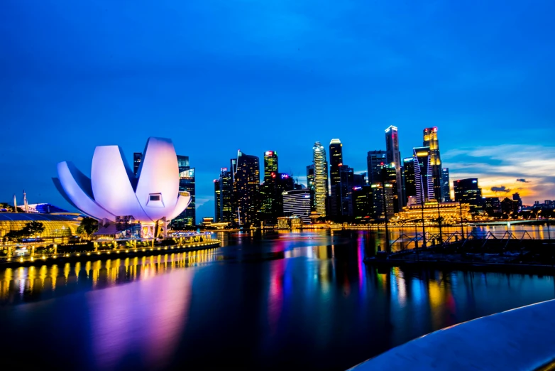 the city skyline is lit up at night, pexels contest winner, singapore esplanade, frank gehry, white marble buildings, summer evening