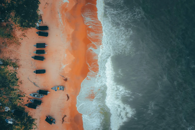 a group of boats sitting on top of a sandy beach, by Sebastian Spreng, pexels contest winner, hurufiyya, orange and black, photo of the middle of the ocean, thumbnail, south beach colors