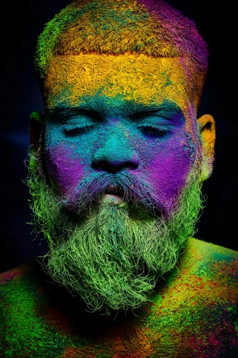 a man with a beard and colorful paint on his face, an album cover, inspired by Steve McCurry, pexels contest winner, color field, beautiful hairy humanoids, lgbt art, oak leaf beard, vibrant powder paints