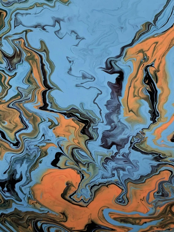 a close up of a painting of a body of water, an abstract painting, trending on reddit, coloured in blueberra and orange, marbled, an ai generated image, james nares