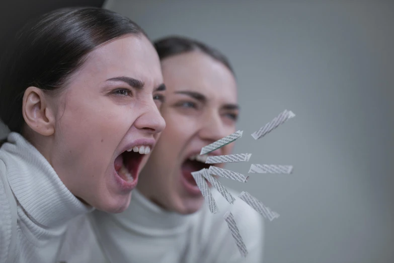 a woman with a pair of scissors in her mouth, pexels contest winner, hyperrealism, people screaming, movie still frame, two women, videogame still