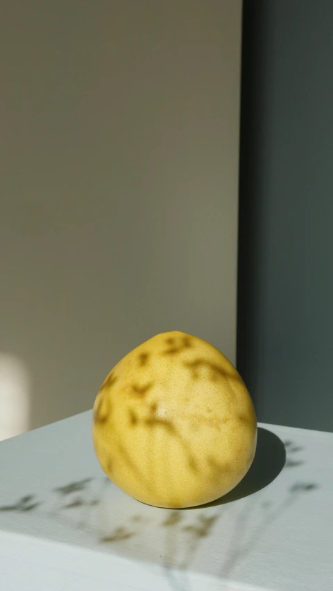 a yellow apple sitting on top of a white table, unsplash, hyperrealism, wearing a melon, pale bluish skin, sunlit, ignant