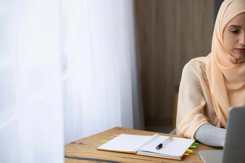 a woman sitting in front of a laptop computer, a picture, trending on pexels, renaissance, background image, school class, comforting, high resolution photo