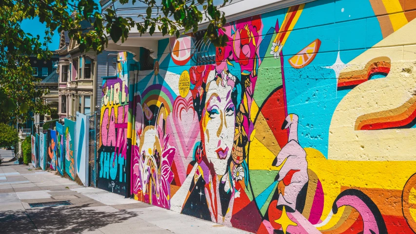 a colorful mural on the side of a building, pexels contest winner, street art, california;, shady alleys, background image, lgbt art
