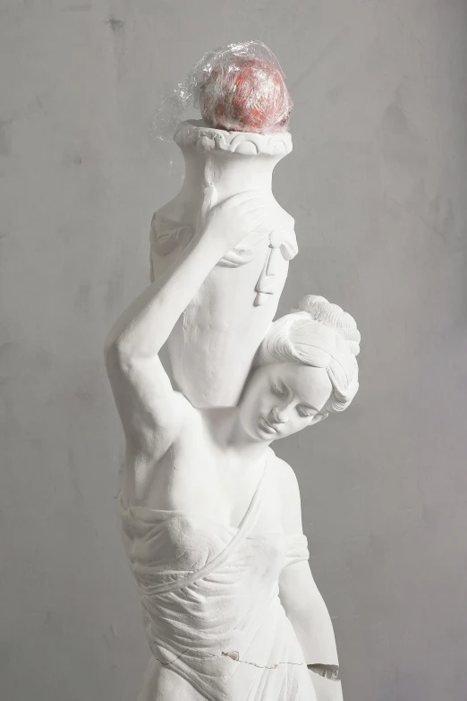 a statue of a man holding a woman's head, figurative art, white and pink, vase, ballerina, flower head