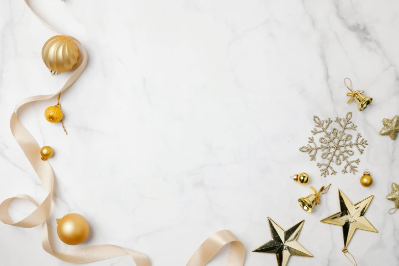 a white marble table topped with gold and silver ornaments, an album cover, trending on pexels, golden ribbon, twinkling stars, background image, marble floor