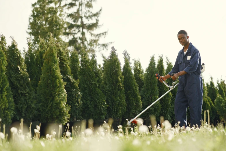 a man that is standing in the grass with a lawn mower, by Jakob Gauermann, hurufiyya, lush trees and flowers, cinematic stillframe, thumbnail, commercial shot