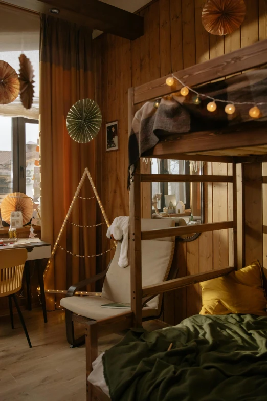 a bunk bed sitting in a bedroom next to a window, inspired by Wes Anderson, trending on pexels, string lights, demur, festive atmosphere, brown