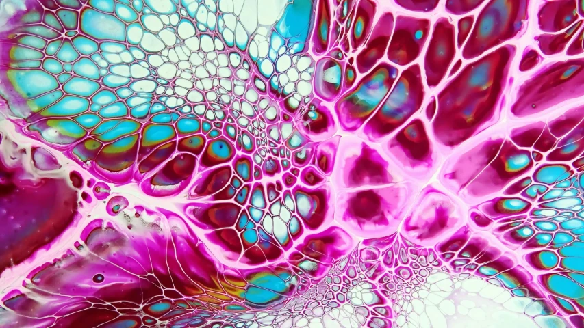 a close up of a purple and blue painting, a microscopic photo, flickr, generative art, pink white turquoise, fractal veins. dragon cyborg, pour cell painting, vibrant pink