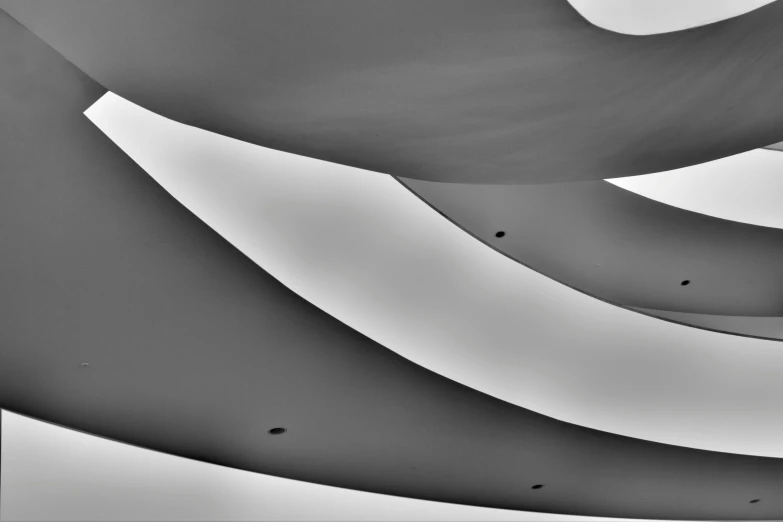 a black and white photo of a curved building, an abstract drawing, inspired by Edward Weston, unsplash, conceptual art, ceiling, 1 0 2 4 farben abstract, ( ( extreme detail ) ), gray canvas