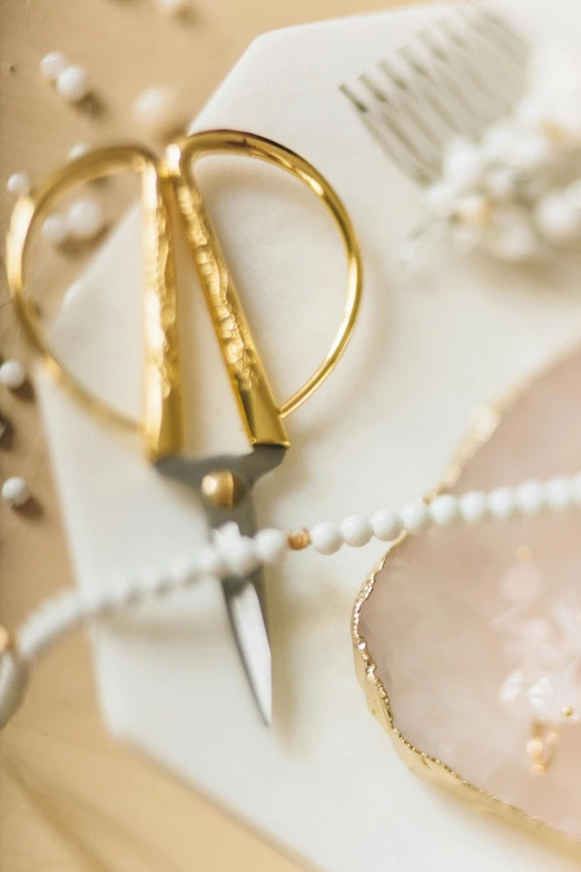 a pair of scissors sitting on top of a plate, inspired by Perle Fine, romanticism, white marble with gold accents, real pearls, clear curvy details, close up details