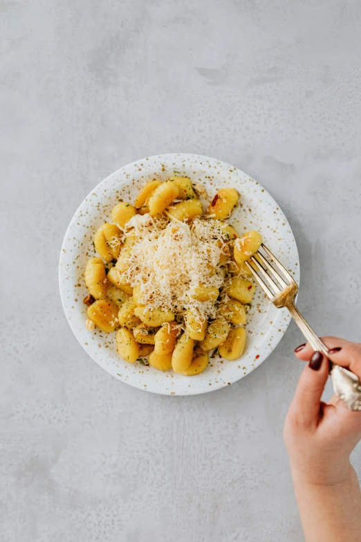 a person holding a fork over a plate of pasta, inspired by Lucia Peka, gold speckles, grey, far view, thumbnail