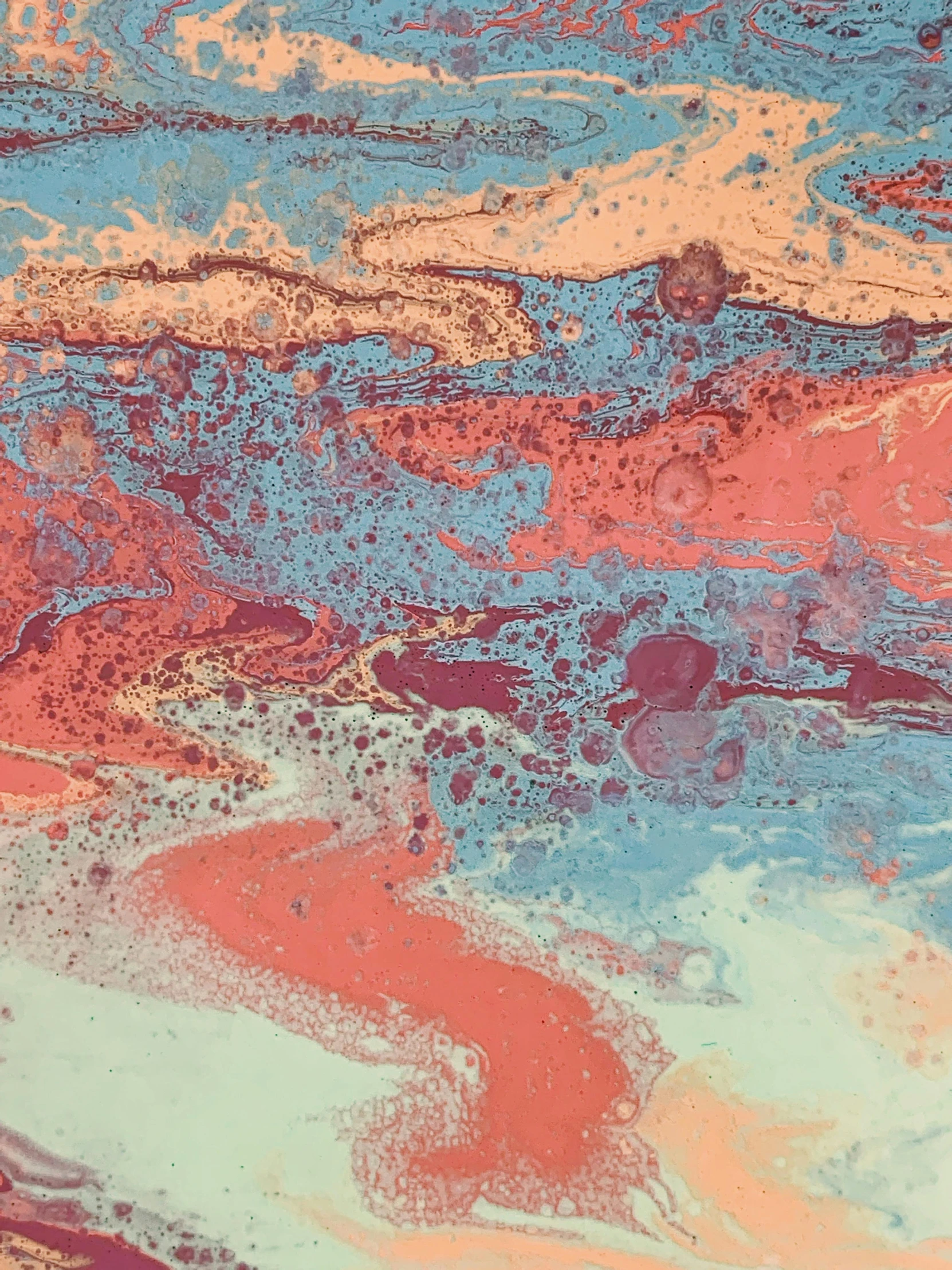 a close up of a surfboard on a body of water, an ultrafine detailed painting, inspired by Helen Frankenthaler, trending on unsplash, geological strata, red and cyan ink, ( ( generative ) ), mapbox