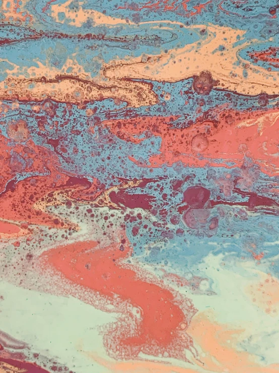 a close up of a surfboard on a body of water, an ultrafine detailed painting, inspired by Helen Frankenthaler, trending on unsplash, geological strata, red and cyan ink, ( ( generative ) ), mapbox