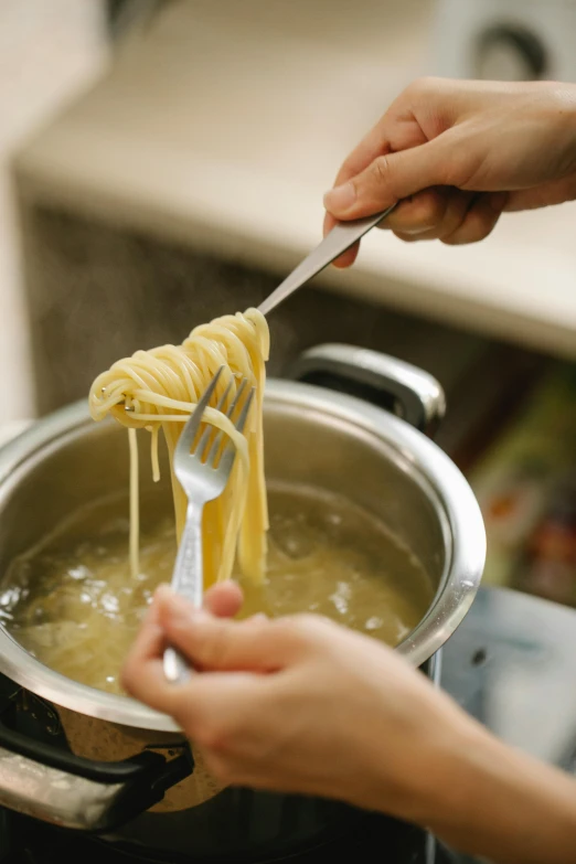 a person holding a fork over a pot of pasta, sink, handcrafted, premium quality, 4l