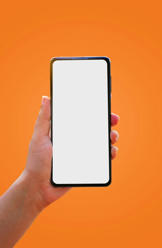 a person holding a smart phone with a white screen, by Carey Morris, pexels, gradient orange, 256x256, ultra - detailed, really long