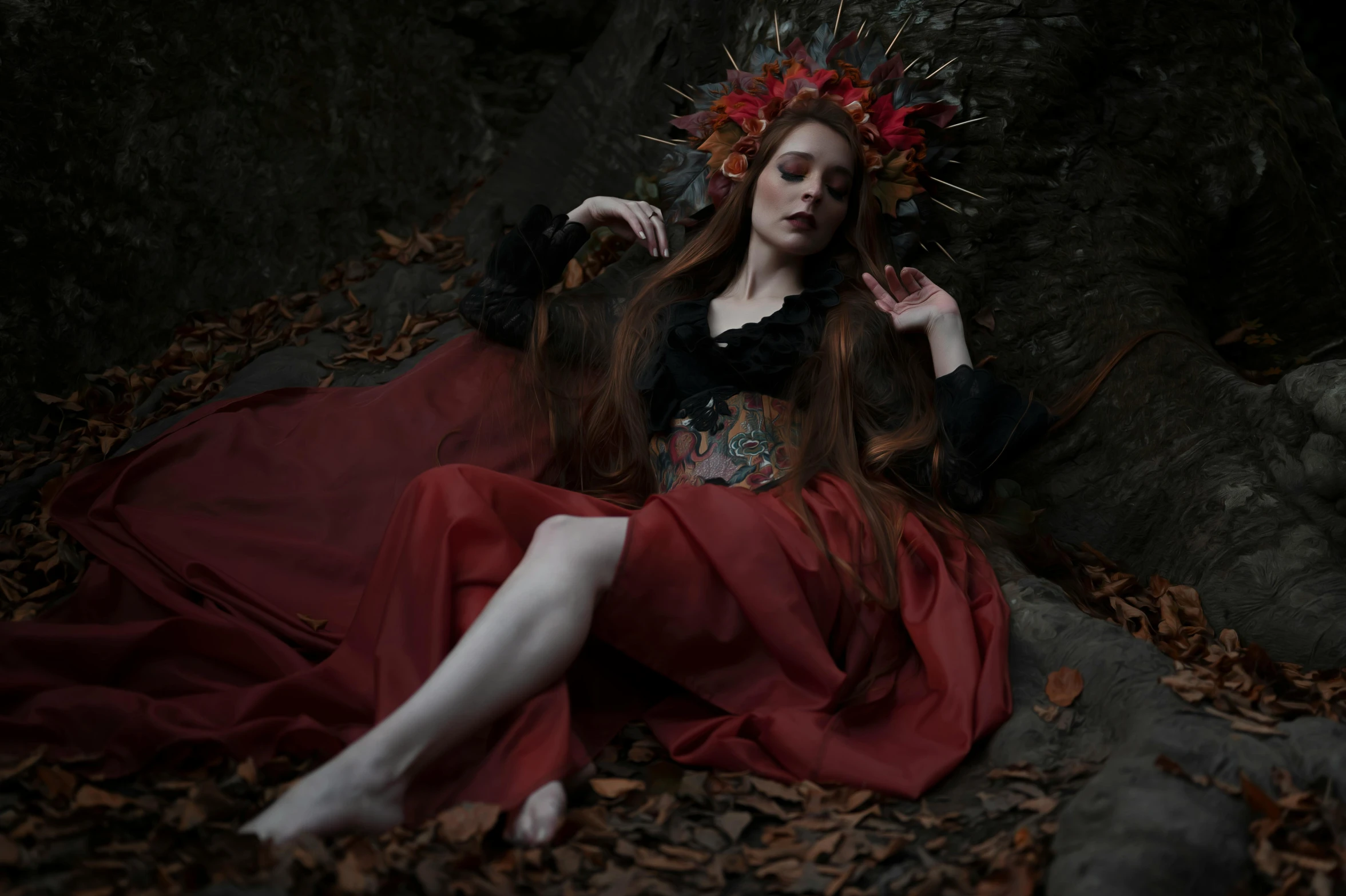 a woman in a red dress sitting on a rock, a portrait, inspired by Hans Baldung, pexels contest winner, gothic art, she has a crown of dried flowers, dark garments, sansa, black metal rococo