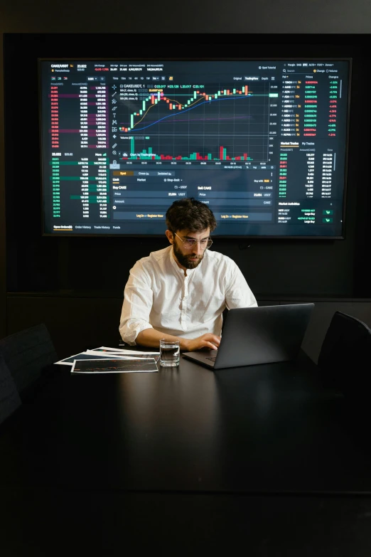 a man sitting at a table working on a laptop, pexels contest winner, renaissance, displaying stock charts, paul barson, pitch black room, in a meeting room