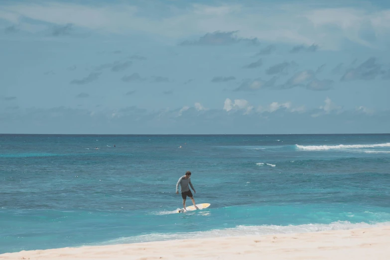 a man standing on a surfboard in the ocean, a painting, by Carey Morris, pexels contest winner, minimalism, at a tropical beach, nina agdal, 4k), harry styles