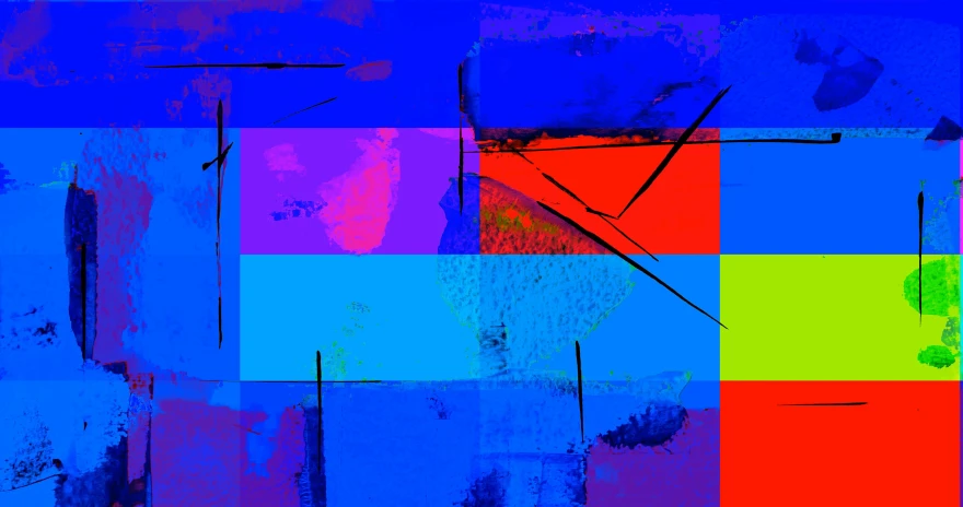 a painting of colorful squares on a blue background, a digital rendering, inspired by John Hoyland, lyrical abstraction, red and blue neon, harbor, digital art - w 640, shattered abstractions