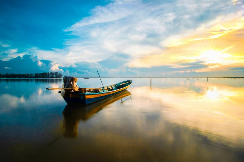 a boat sitting on top of a body of water, pexels contest winner, serene colors, thumbnail, multiple stories, english