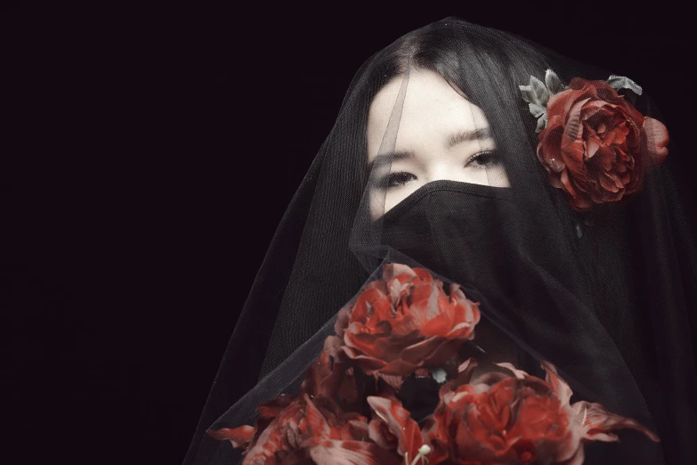 a woman with a veil covering her face and flowers in her hair, an album cover, inspired by Yu Zhiding, unsplash, nezha, black roses, yanjun chengt, photo from a promo shoot