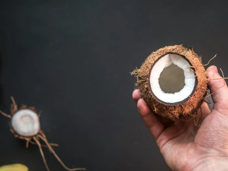 a person holding a coconut in their hand, an album cover, by Daniel Lieske, trending on unsplash, hurufiyya, on black background, background image, recipe, uncrop