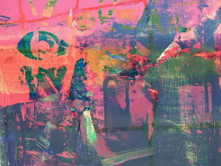 a close up of a painting on a wall, an album cover, inspired by Richter, unsplash, lyrical abstraction, dayglo pink, noisy and glitched, digital screenshot, fragmented typography